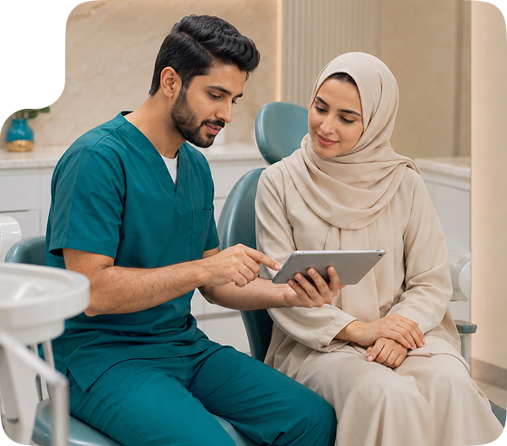 طبيب أسنان يشرح خطة علاج لمريضة باستخدام جهاز لوحي في عيادات ديفا دينت